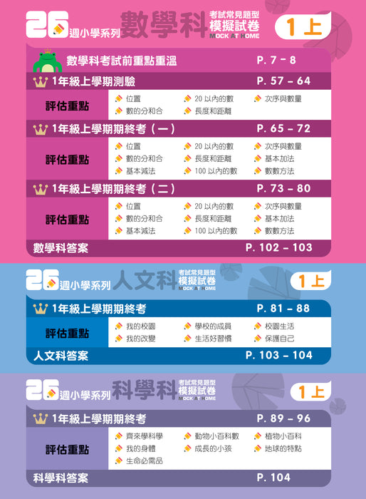 26週小學系列 - 中英數人文科學 考試常見題型模擬試卷 1上