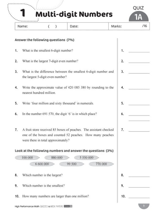 High Performance Math Quizzes and Mock Primary 1-6