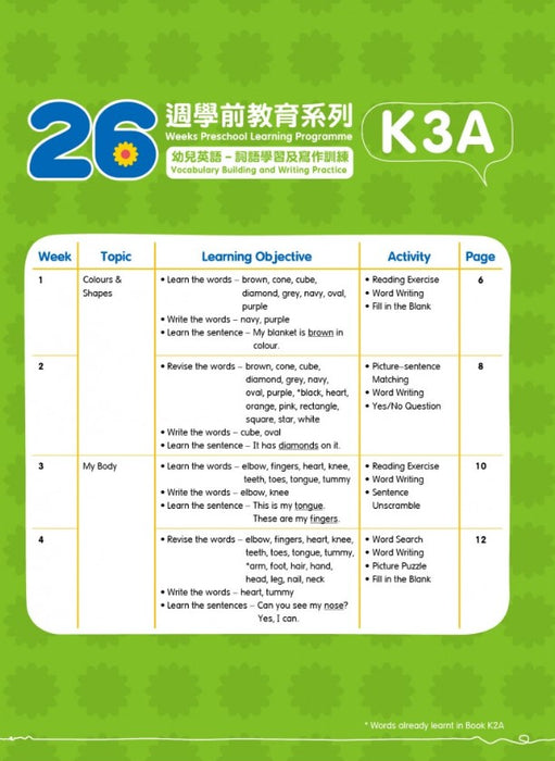 26週學前教育系列：幼兒英語 - 詞語學習及寫作訓練 K3A